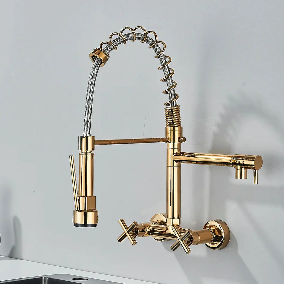 DecorBites™ Gold Black Kitchen Faucet Wall Mount Pull Down Tap Dual Swivel Spouts
