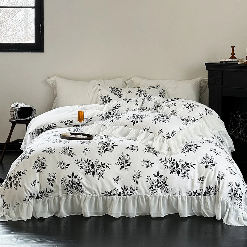 DecorBites™ Lace Ruffles Princess Cotton Bedding Set, Floral Quilt Cover, Girls Wedding Home Textiles