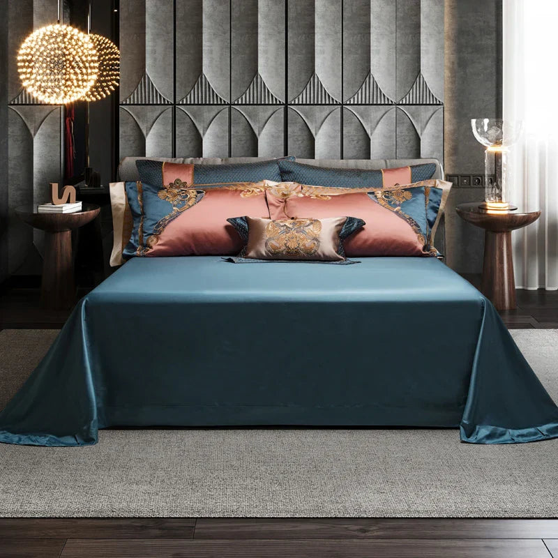 DecorBites™ Luxe Gold Embroidery Palace Style Bedding Set - Duvet, Sheet, Pillowcases