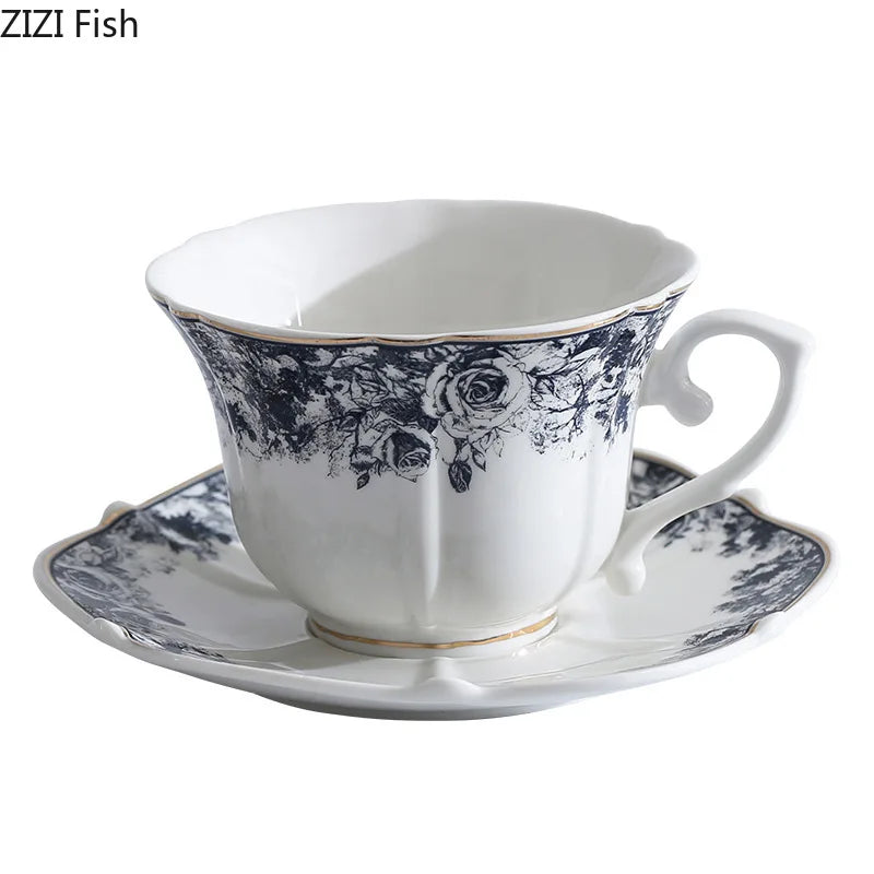 DecorBites™ Grey Blue Rose Ceramic Cup & Saucer Set, Classical Mugs for Dining Table and Coffee Mug