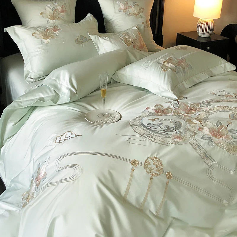 DecorBites™ Luxe Floral Bird Embroidery 1000TC Egyptian Cotton Bedding Set