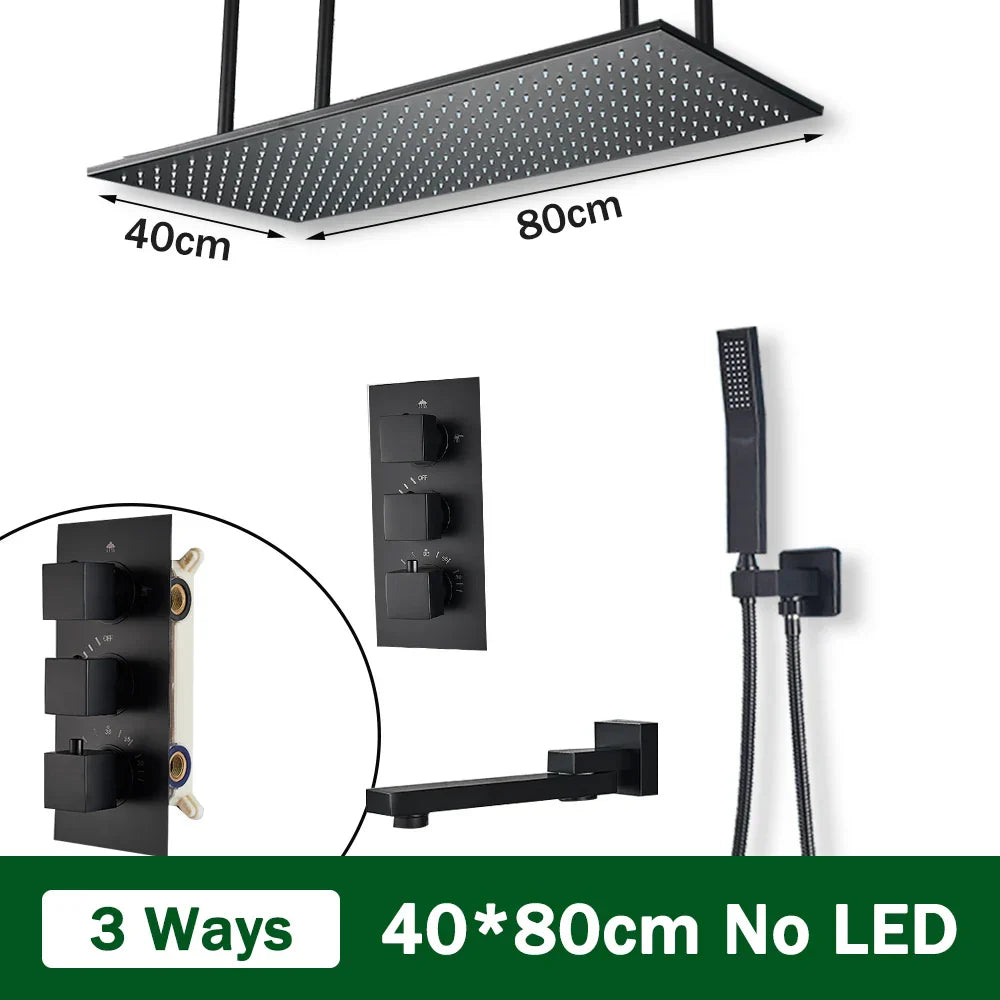 DecorBites™ Black Brass Thermostatic Shower Faucet with Ceiling Rainfall Shower Head