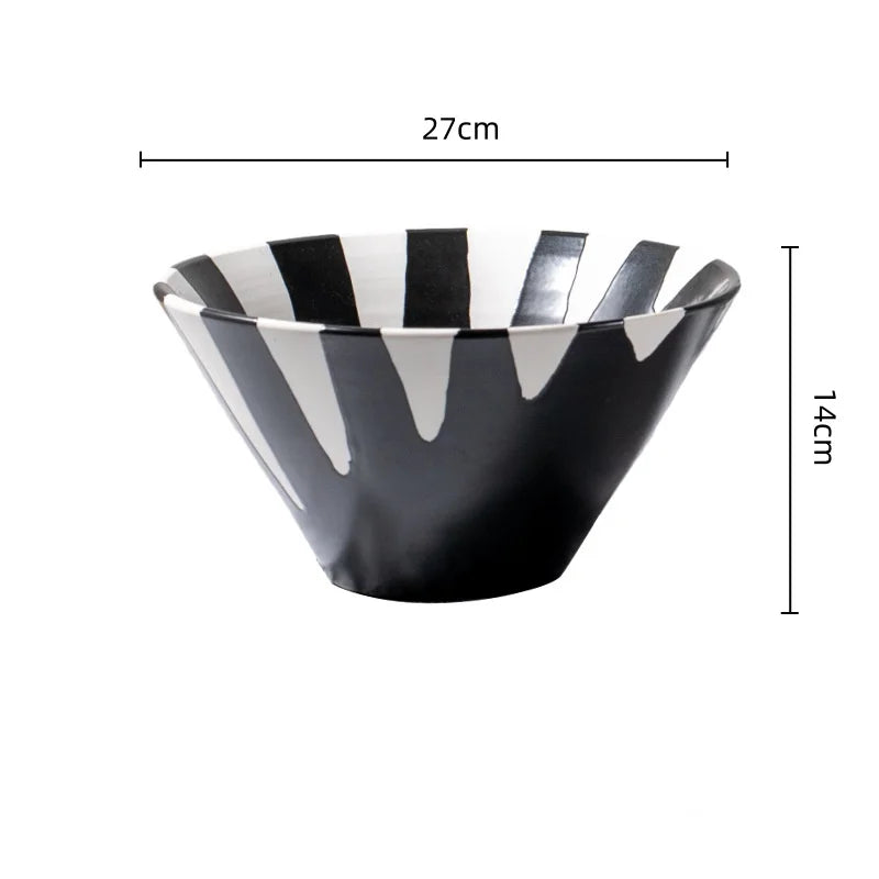 DecorBites™ Black Check Geometric Striped Ceramic Vase - Handcrafted Floral Arrangement Pot