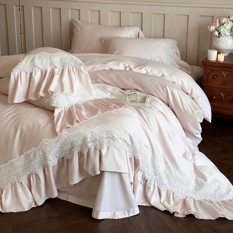 DecorBites™ French Lace Ruffle Princess Wedding Bedding Set with Brushed Duvet Cover & 2 Pillowcases
