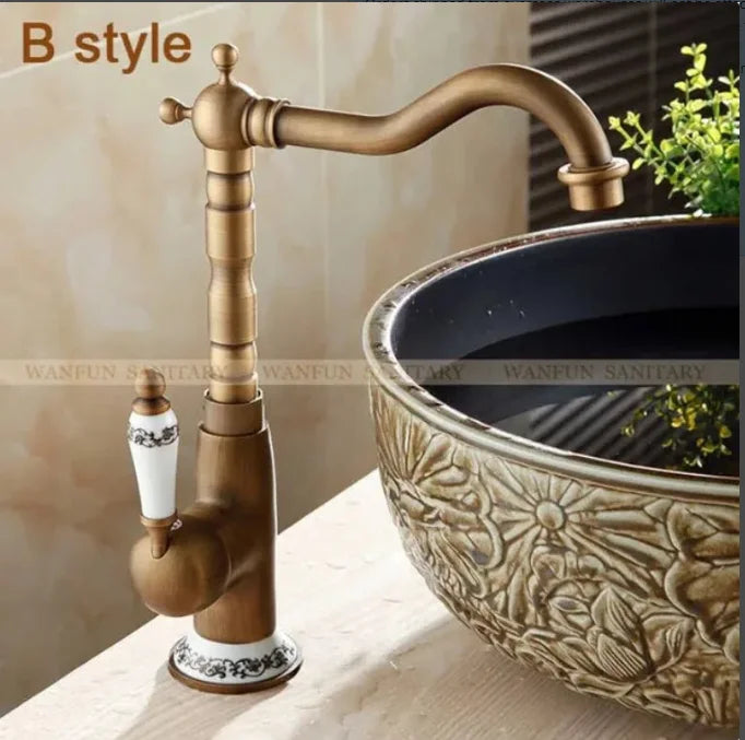 DecorBites™ Antique Brass Bathroom Sink Faucet Single Handle Swivel Spout Hot Cold Mixer