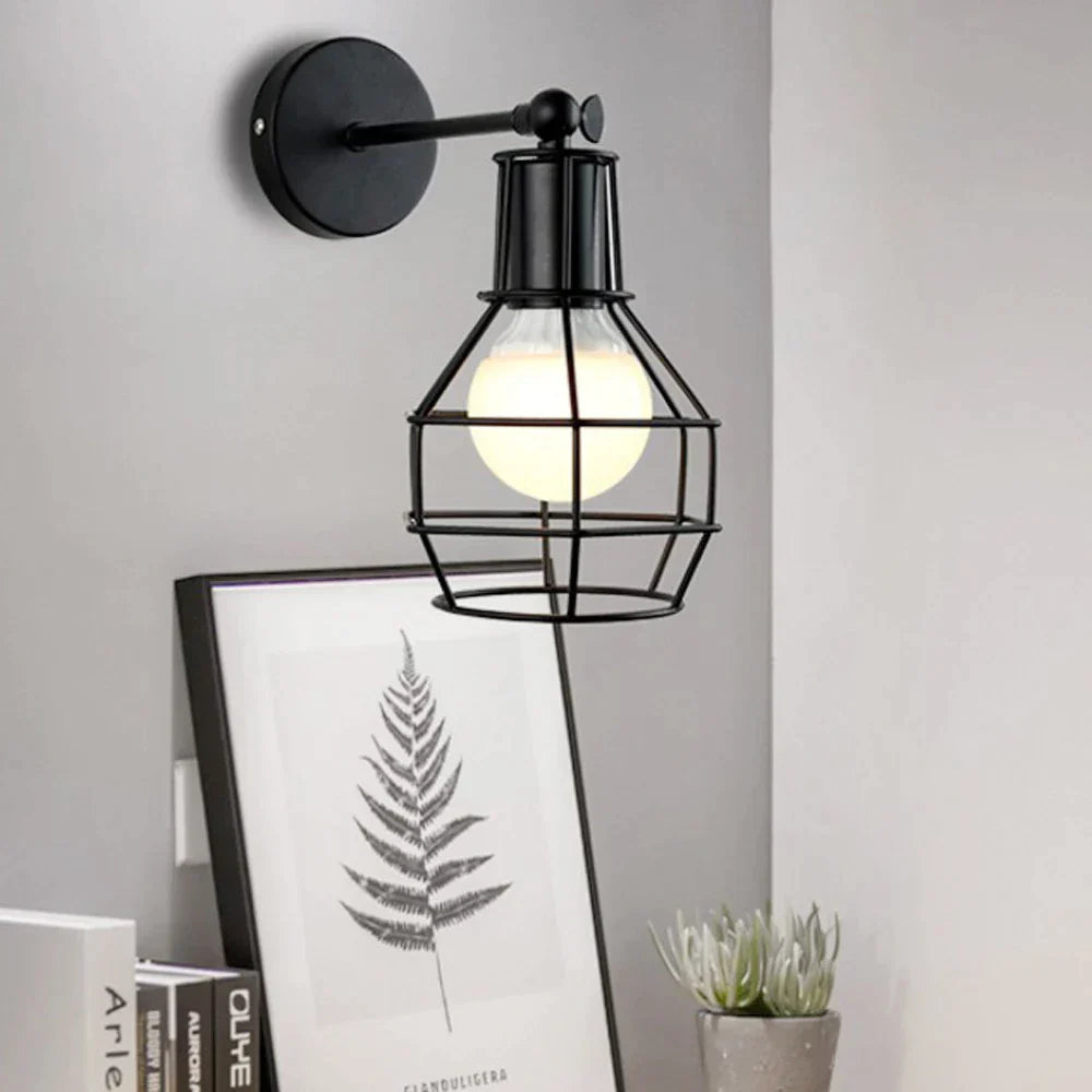 DecorBites™ Black Iron Cage Wall Lamp: Retro Indoor Sconce for Bedroom, Bar, and Reading