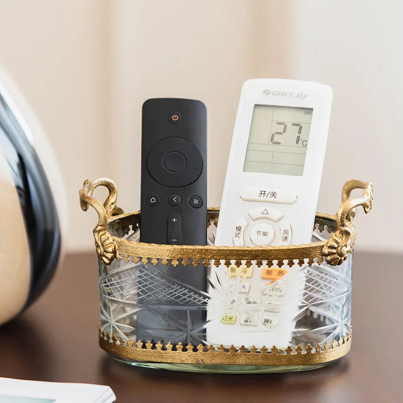 DecorBites™ Brass & Carved Glass Jewelry Makeup Pen Storage Box Dry Fruit Snack Plate