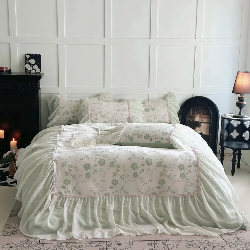 DecorBites™ Lace Ruffles Velvet Princess Bedding Set: Duvet, Sheet, Pillowcases