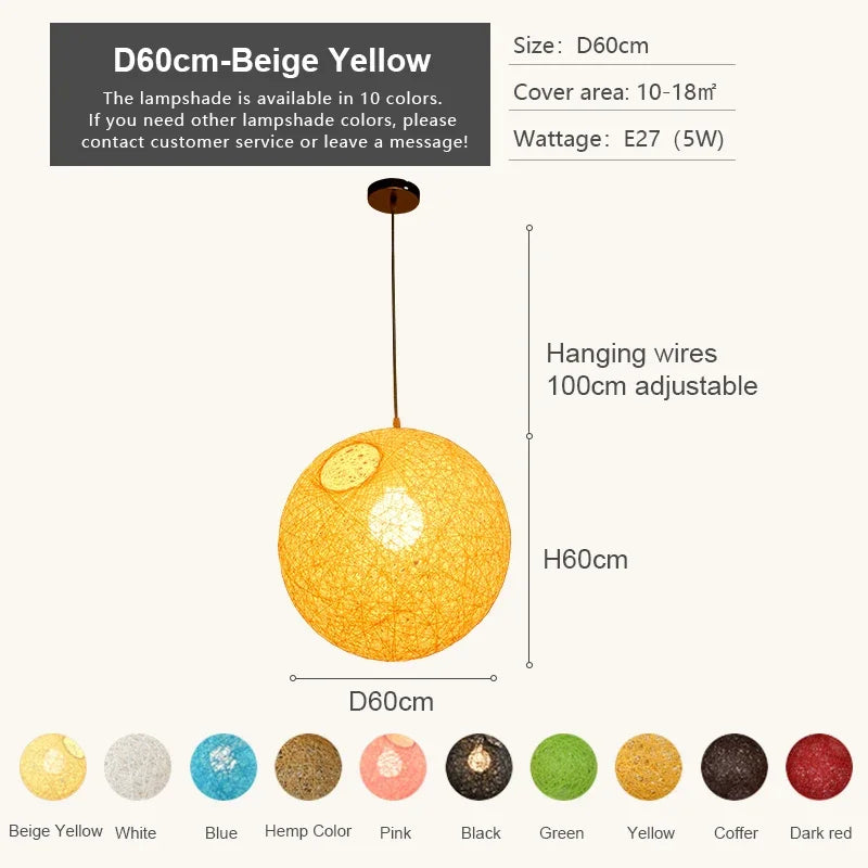 DecorBites™ Hemp Rattan Sphere Pendant Lights for Home Decor & Lighting