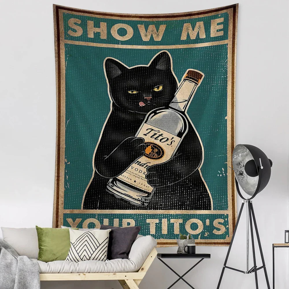 Tapiz de pared DecorBites™ con diseño de gato y tarot: Decoración bohemia psicodélica Kawayi para el hogar