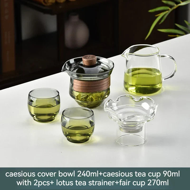 Decorbites™ Glas-Gaiwan-Tassen-Set mit Holzring, 240 ml Tee-Trennung & Filter, hitzebeständig
