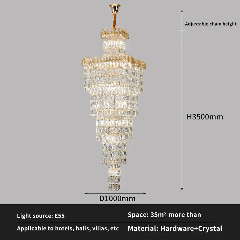 DecorBites™ Crystal Hollow Stair Chandelier for Duplex Villa and Hotel Lobby