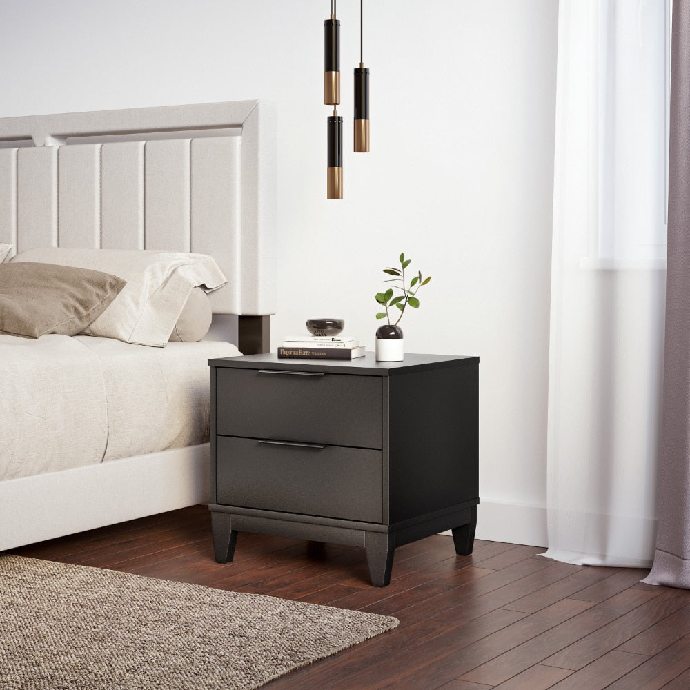 Torvald - Modern Double Drawer Black Nightstand Small Bedside Table