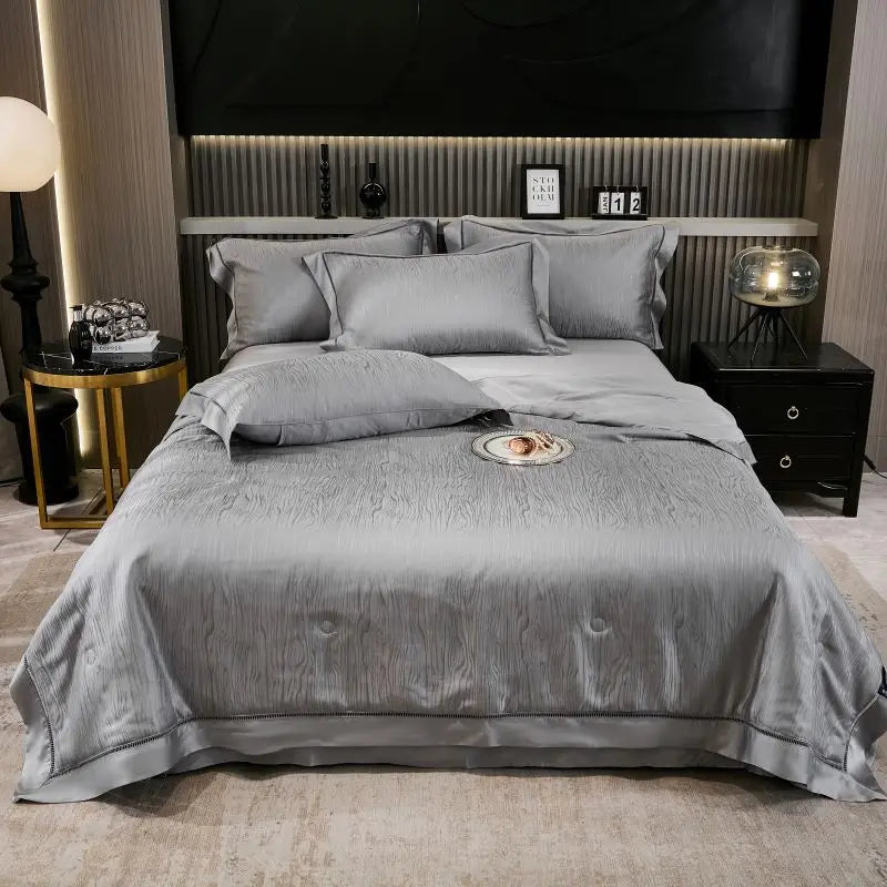 DecorBites™ Eucalyptus Fiber Jacquard Summer Quilt Set with Soft Silky Comforter, Sheet, Pillowcases