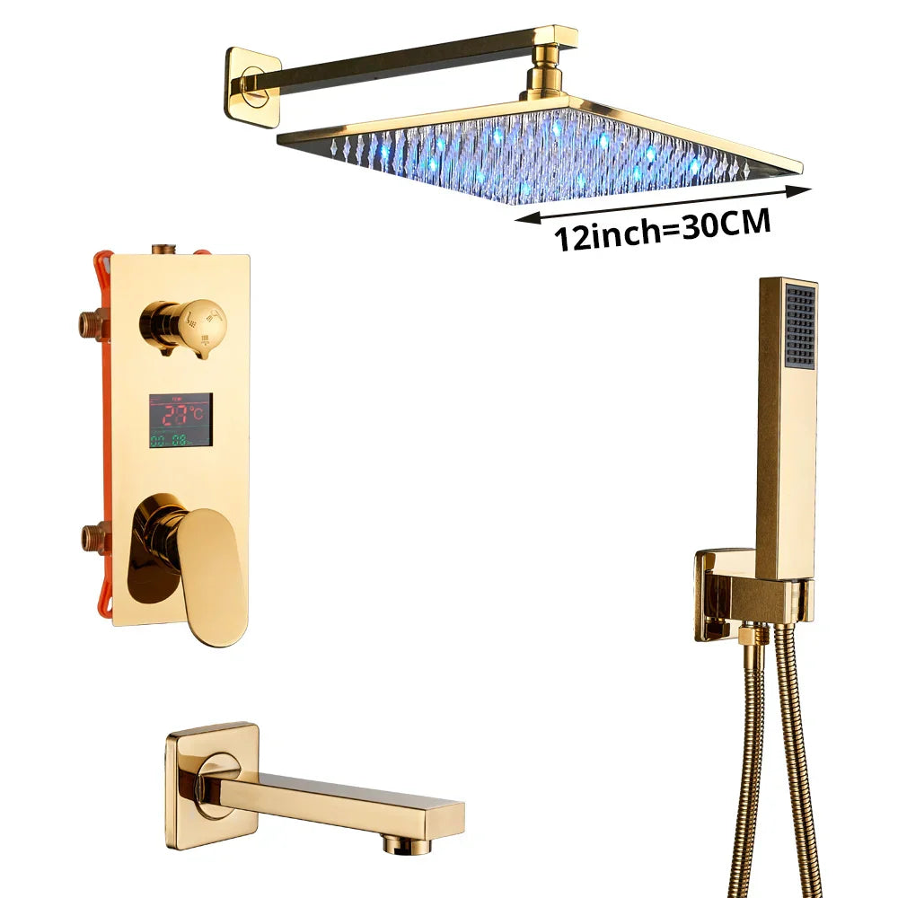 DecorBites™ Gold Digital Shower Set with 3-Functions LED Rainfall Head