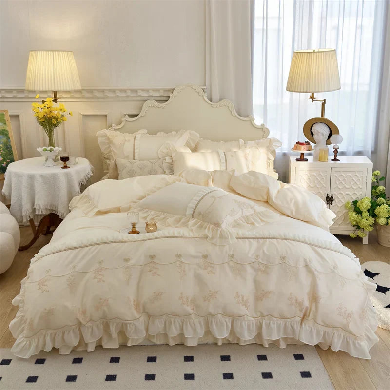 DecorBites™ Elegant Heart Embroidery Lace Princess Wedding Bedding Set