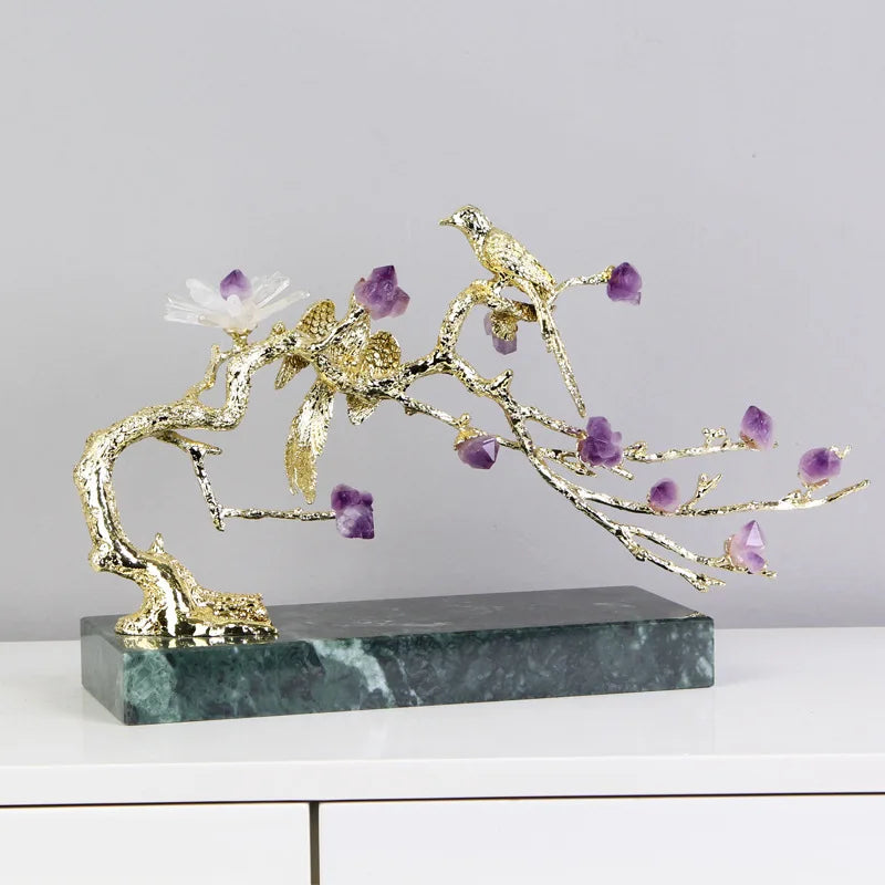 DecorBites™ Crystal Golden Tree Handicraft: Artisan Metal Figurine for Home Decor
