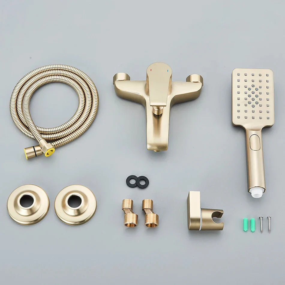 Juego de grifo mezclador para ducha DecorBites™ en oro cepillado con válvula de control negra para montaje en pared