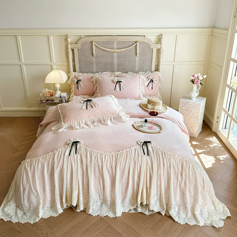 DecorBites™ Lace Ruffles Princess Bedding Set, Velvet Duvet Cover, Plush Bed Sheet, Pillowcases