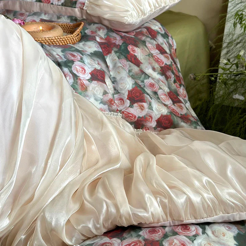 DecorBites™ French Rustic Rose Flowers Duvet Set with Pleated Ruffles & Egyptian Cotton