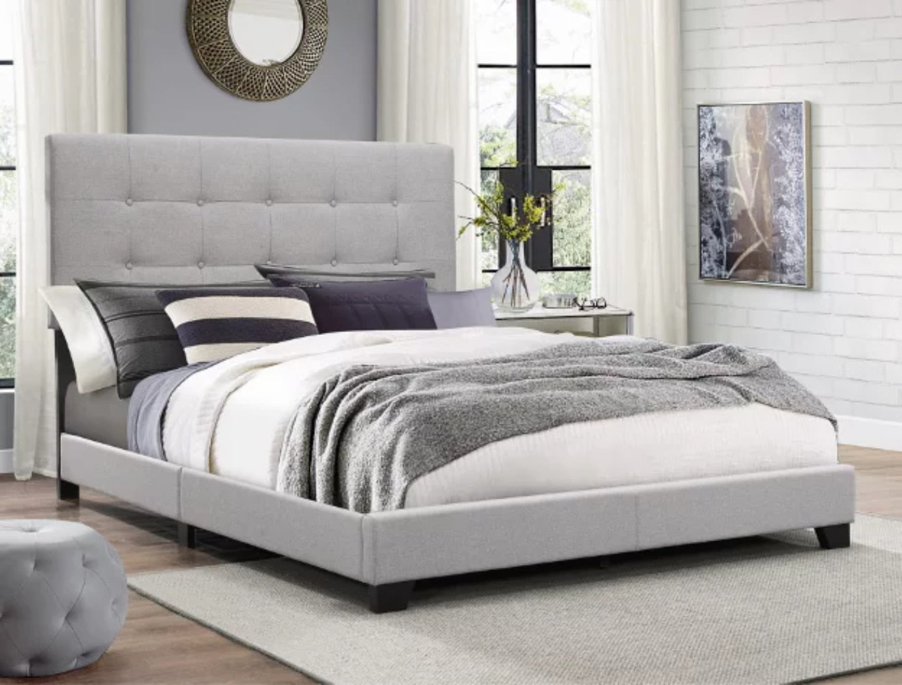 Ragnhild - Gray Upholstered Panel Bed Queen Size Bed Frame
