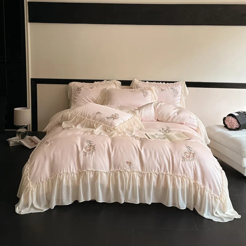 DecorBites™ Flowers Embroidery Lace Ruffles Bedding Set in Soft Lyocell Fabric