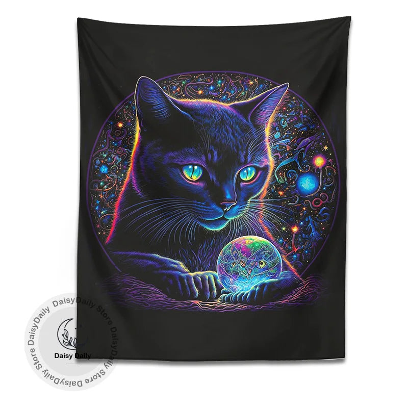 Tapiz de gato negro DecorBites™: Arte de pared psicodélico con bola de cristal mágica para decoración bohemia del hogar.