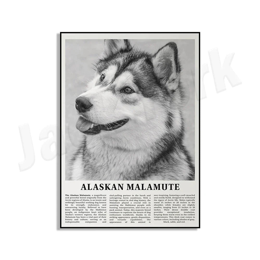 DecorBites™ Black & White Dog Breeds Poster: Greyhound, Cocker Spaniel, Akita, Malamute, Cattle Dog