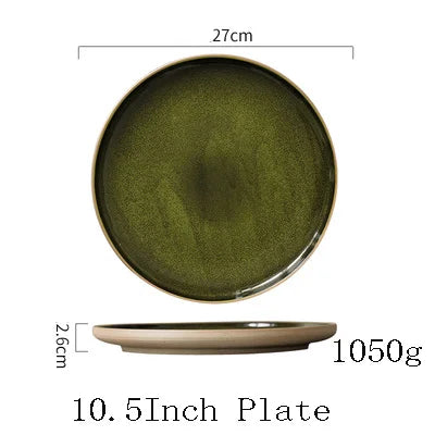 DecorBites™ Green Ceramic Dinner Plate - Retro Shallow Pasta Plate, Salad Sushi Plate, Steak Plate - Set of 4