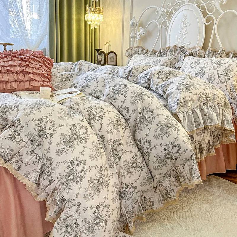 DecorBites™ Double Layer Lace Ruffles Floral Bedding Set with Duvet Cover, Bed Skirt, Pillows