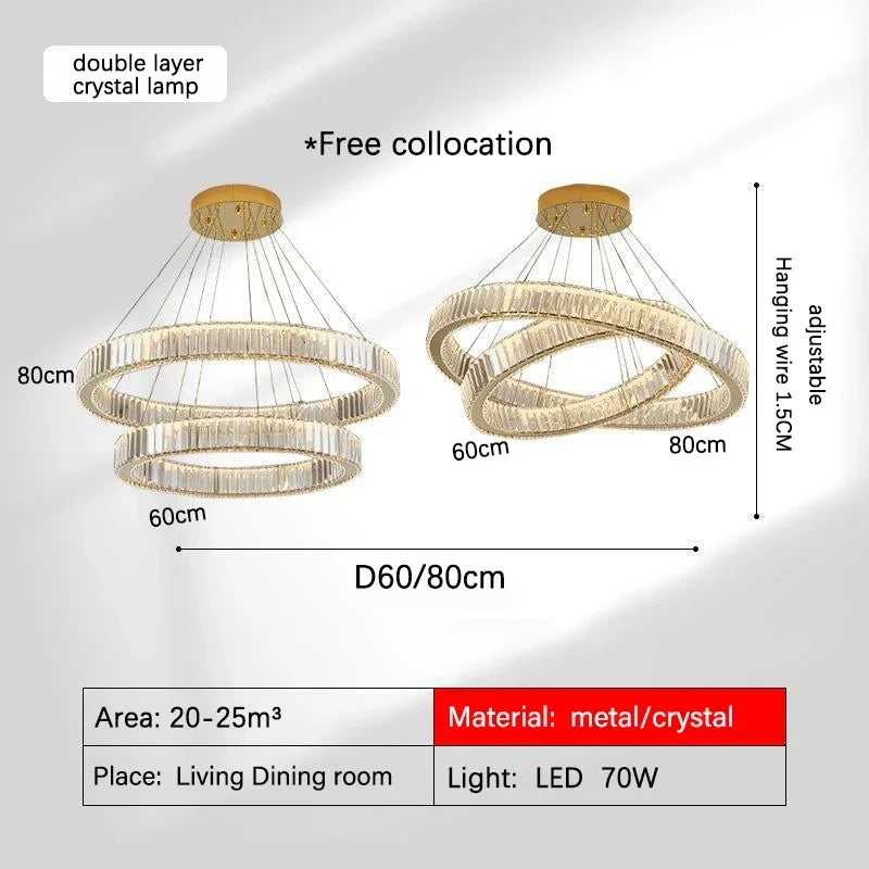 DecorBites™ Golden Crystal Chandelier: Nordic Modern Luxury LED Hanging Halo for Living Room