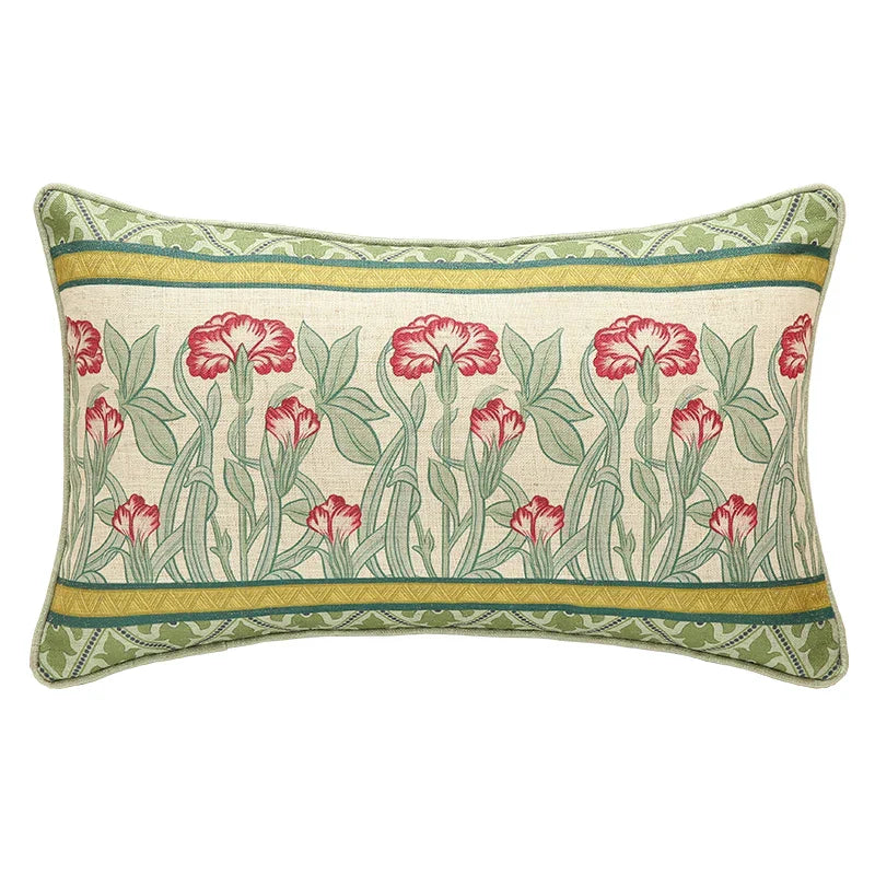 Funda de cojín lumbar DecorBites™ de lino francés con estampado de flores y pájaros, verde hada