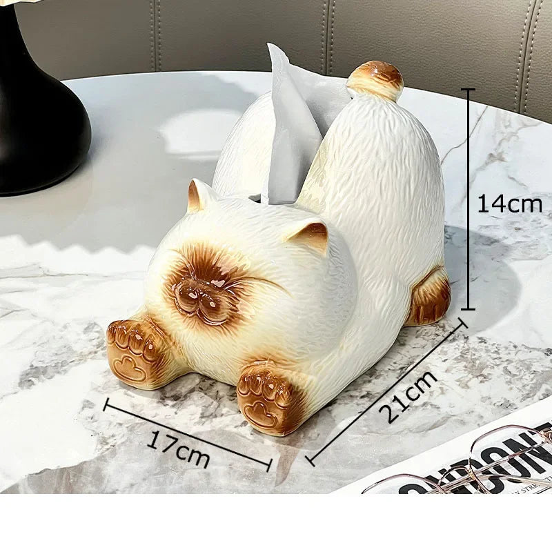 DecorBites™ Cartoon Siamese Kitten Ceramic Tissue Box for Coffee Table and Desk