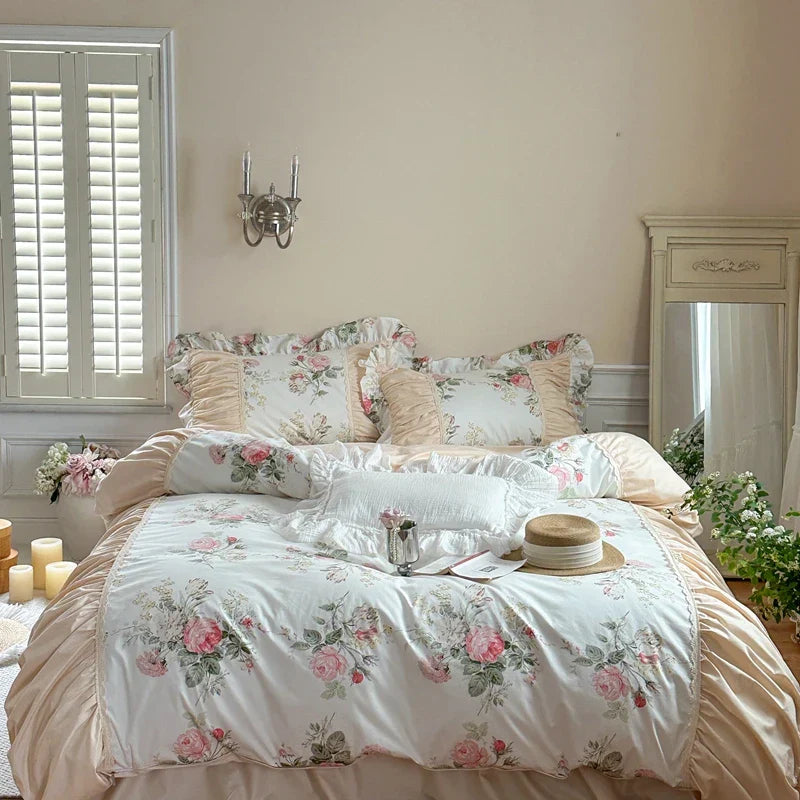 DecorBites™ Korean Princess Style Floral Cotton Bedding Set with Ruffles