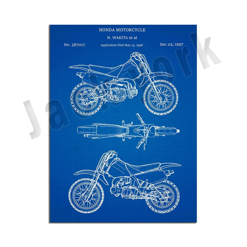 DecorBites™ Dirt Bike Patent Blueprint Poster Canvas Wall Art