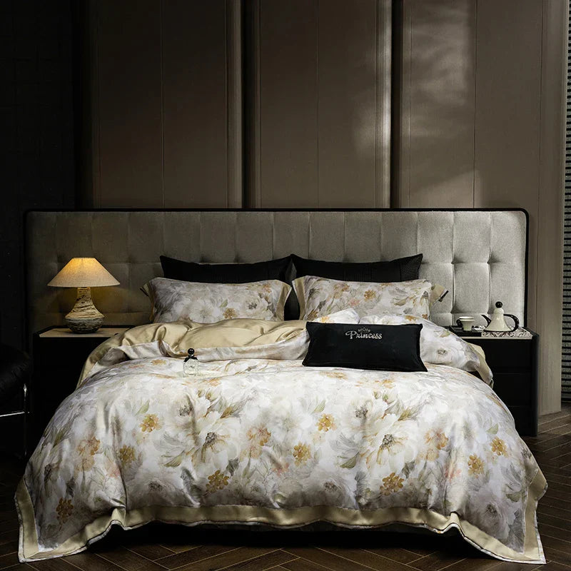 DecorBites™ Eucalyptus Fiber Floral Print Bedding Set: Duvet, Sheet, Pillowcases - 4Pcs