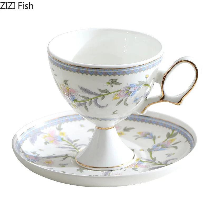 DecorBites™ Gold Flower Ceramic Cup & Saucer Set - Elegant Goblet Mugs for Coffee, Tea, Juice