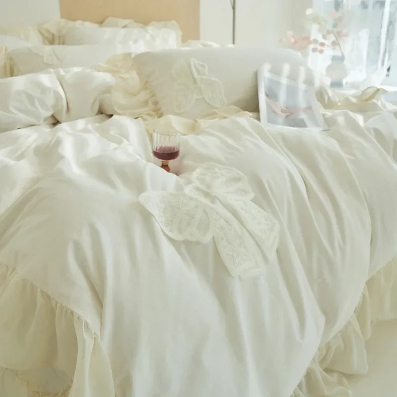 DecorBites™ Korean Lace Ruffles Queen Size Duvet Cover with Bow Detail - Romantic French Design