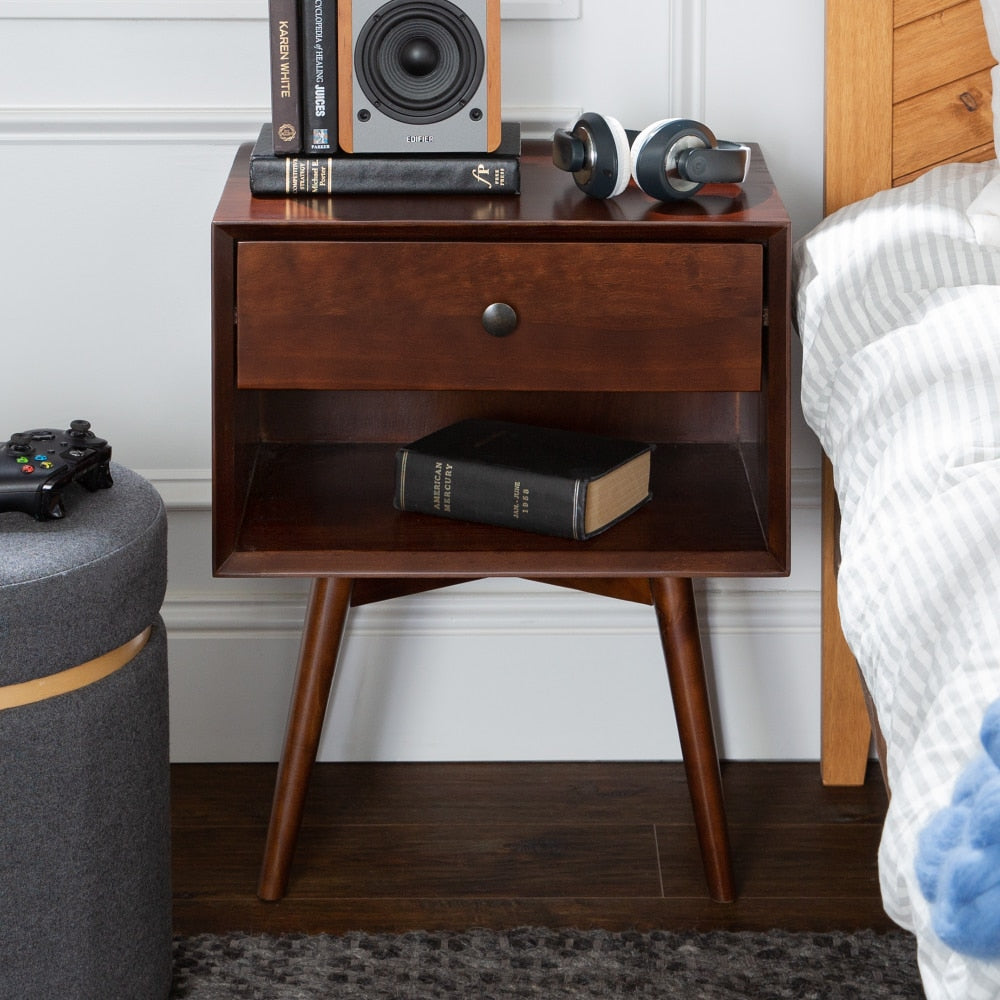 Hallvard - Mid Century Modern Nightstand Walnut Solid Wood Nightstand Small Bedside Table