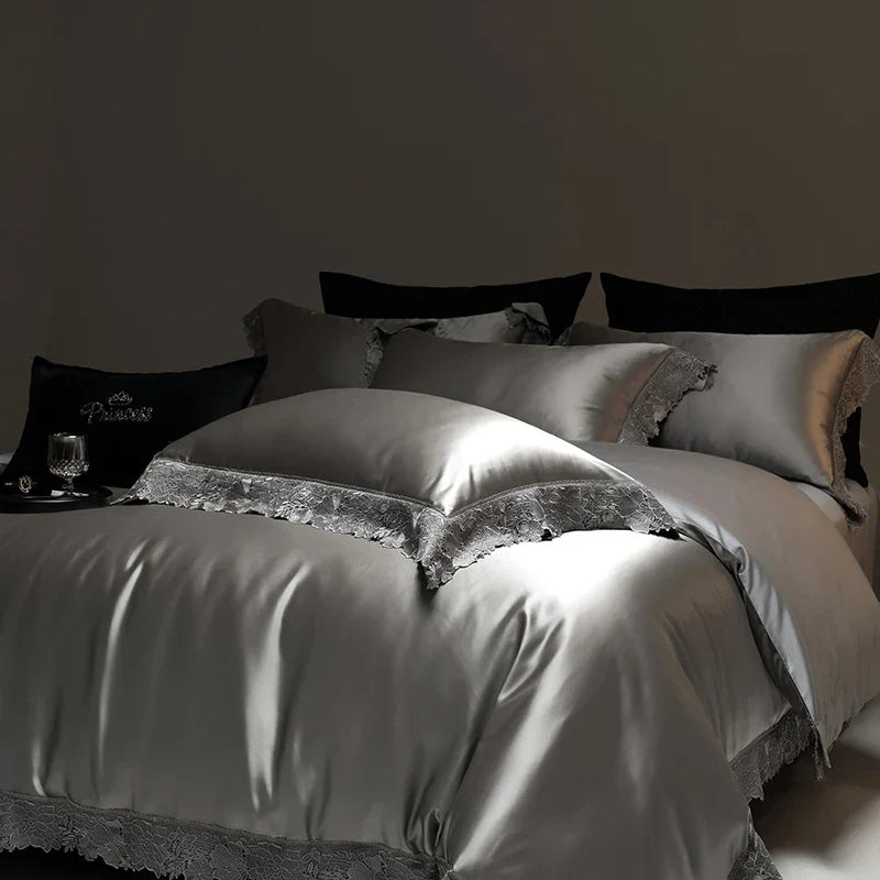 DecorBites™ Luxe French Lace Edge Bedding Set: Silky Lyocell Cotton Duvet Cover, Sheet & Pillowcases