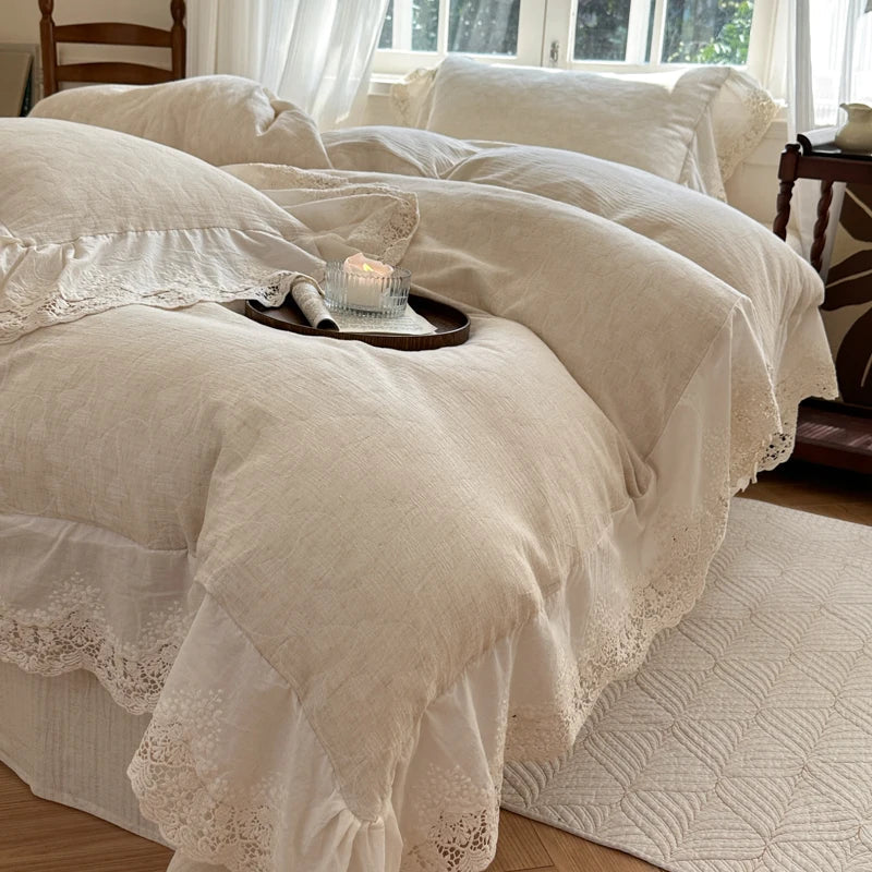 DecorBites™ Jacquard Linen Cotton Ruffles Bedding Set with French Lace in Natural Skin Tone