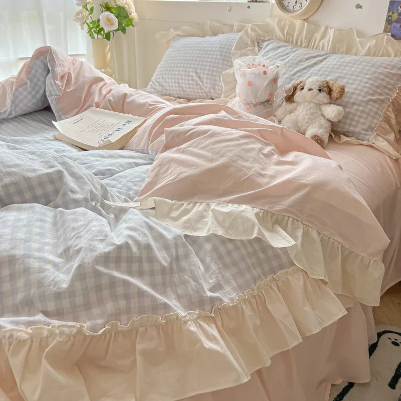 DecorBites™ Korean Princess Style Cotton Bedding Set with Ruffles and Lace