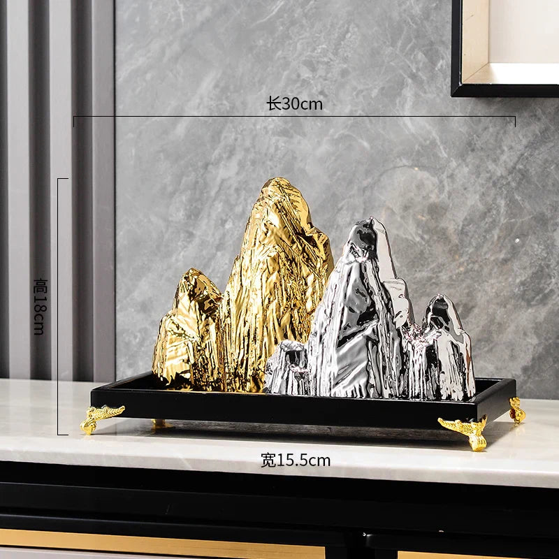 DecorBites™ Ceramic Mountain Sculpture Decor - Golden/Silver Landscape Ornament