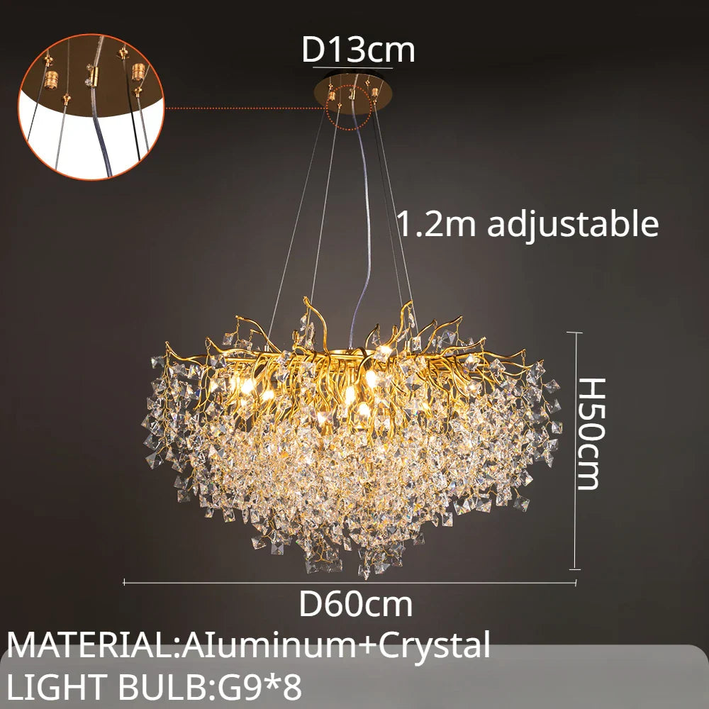 DecorBites™ Gold Crystal Chandelier LED Round Light Island Branch Chandelier