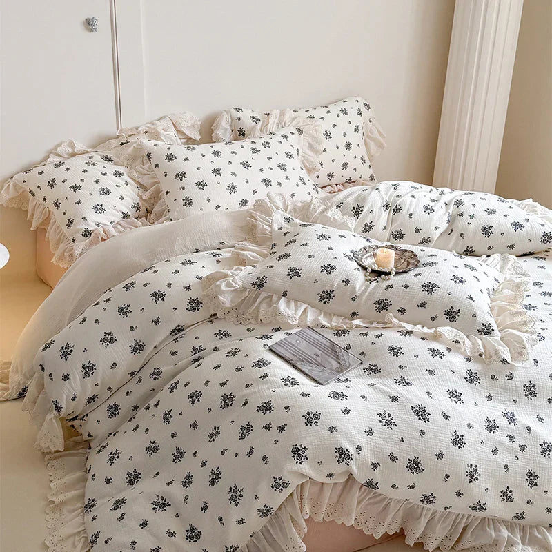 DecorBites™ French Lace Floral Ruffles Bedding Set - 100% Cotton Wrinkled Yarn 4Pcs