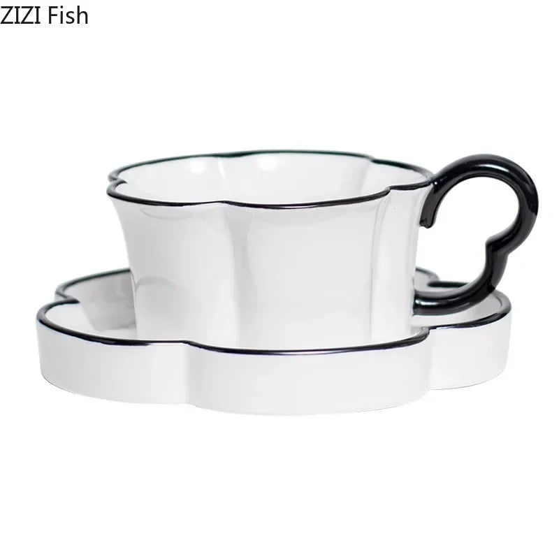 DecorBites™ Black Edged Flower Mug Set - Ceramic Cup & Saucer for Tea, Coffee, and Juice