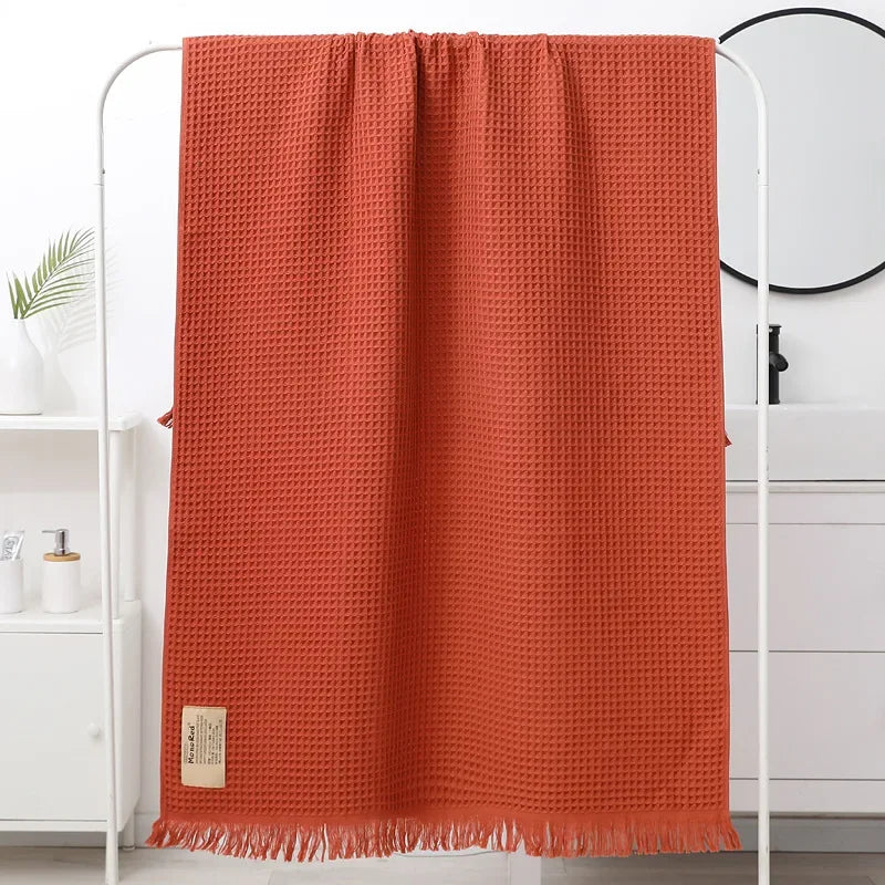 DecorBites™ Geometric Tassel Bath Towel - 100% Cotton, Quick-Dry, Multi-colored Waffle Design - 90x180cm