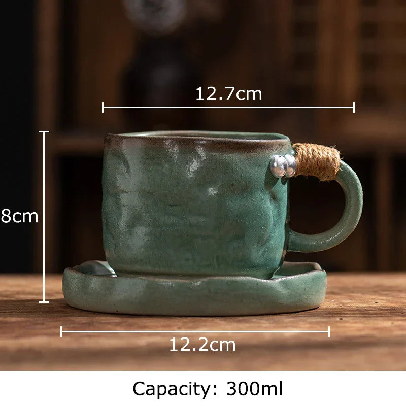 DecorBites™ Coarse Pottery Cup & Saucer Set - Classical Mugs for Dining Table or Coffee