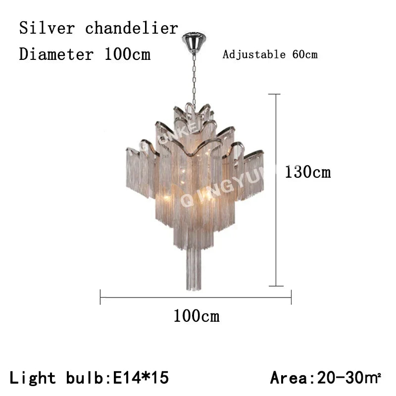 DecorBites™ Fringed Chandelier: Silver & Gold Aluminium Chain Pendant Light for Luxe Home & Hotel Decor