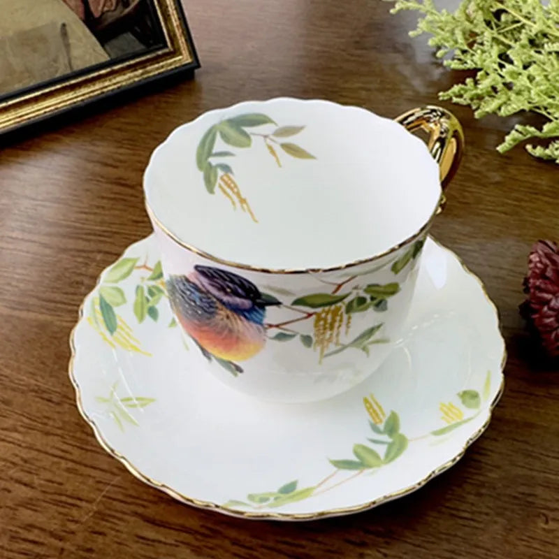 DecorBites™ Bird Pattern Ceramic Gold-plated Coffee Mug & Saucer Set